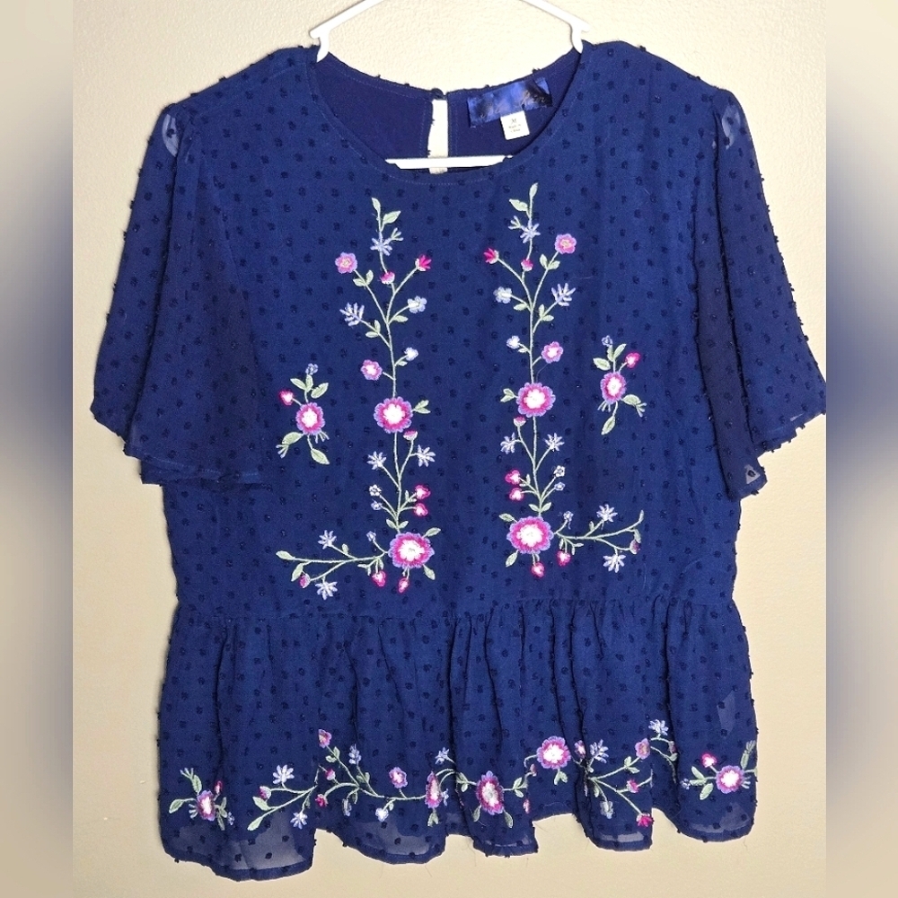 Blue Rain Boho Art To Wear Floral Embroidered‎ Peplum Blouse, Size Medium
